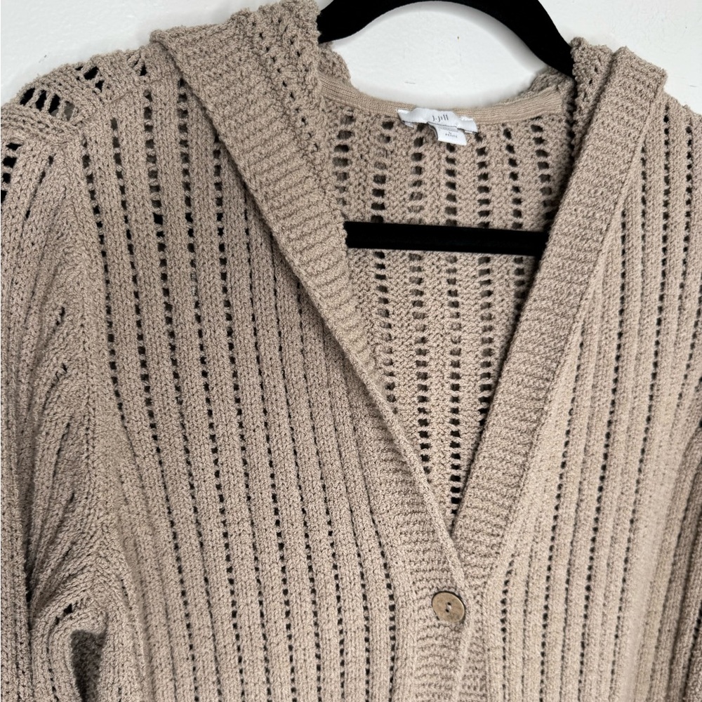 J. Jill womens L chucky knit hooded one button neutral cardigan whimsical fairy - Picture 2 of 6